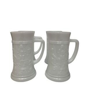 Vintage Milk Glass Beer Stein Set of 4 White Embossed Tavern Scene Mugs